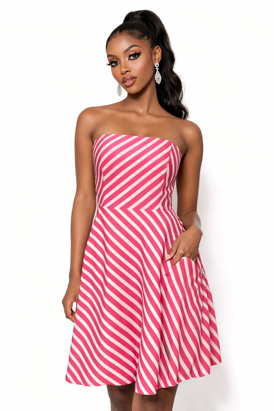 Ann Taylor Swing A-line Dress Strapless Womens 6 Pink White Striped Fit Flare